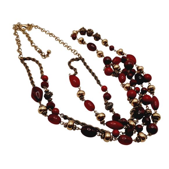 Chico’s Red Glass Beaded Necklace 38” Two Strand Gold Tone Accents Statement - Picture 4 of 11